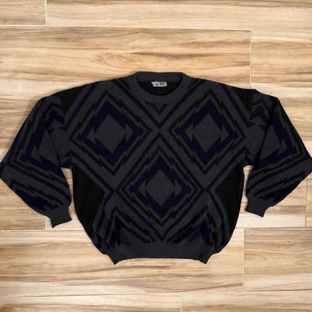 Vintage Black Star Made in Italy Geometric Diamond Knit Sweater XL Wool Blend